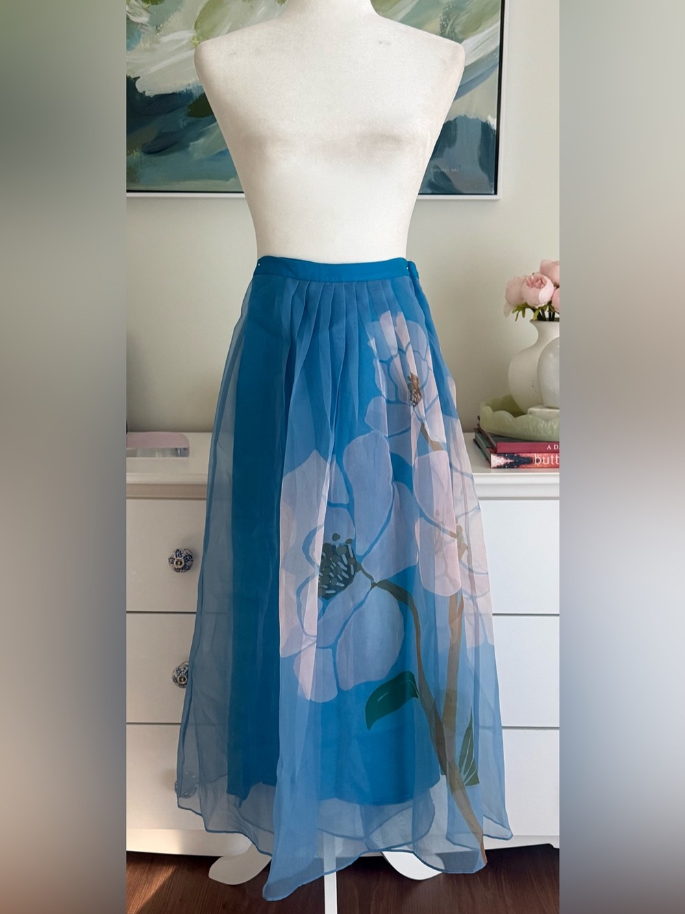 FARM Rio Teal Blue Sheer Floral Maxi Skirt